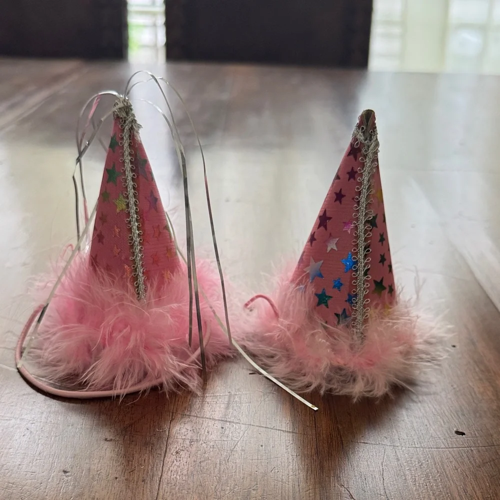 Pink Star Party Hats with Feathers for a Dog Party or Halloween